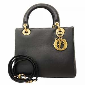 Christian Dior Lady Handbag, Black Leather, 2-Way Bag for Women